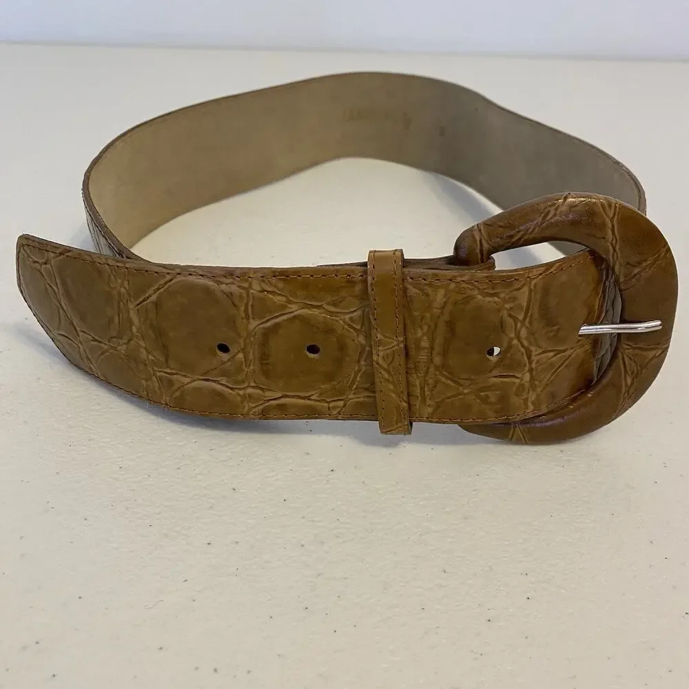 Vintage Crock Embossed Beige Faux Leather Belt Women's Size 6/35” Western Preppy